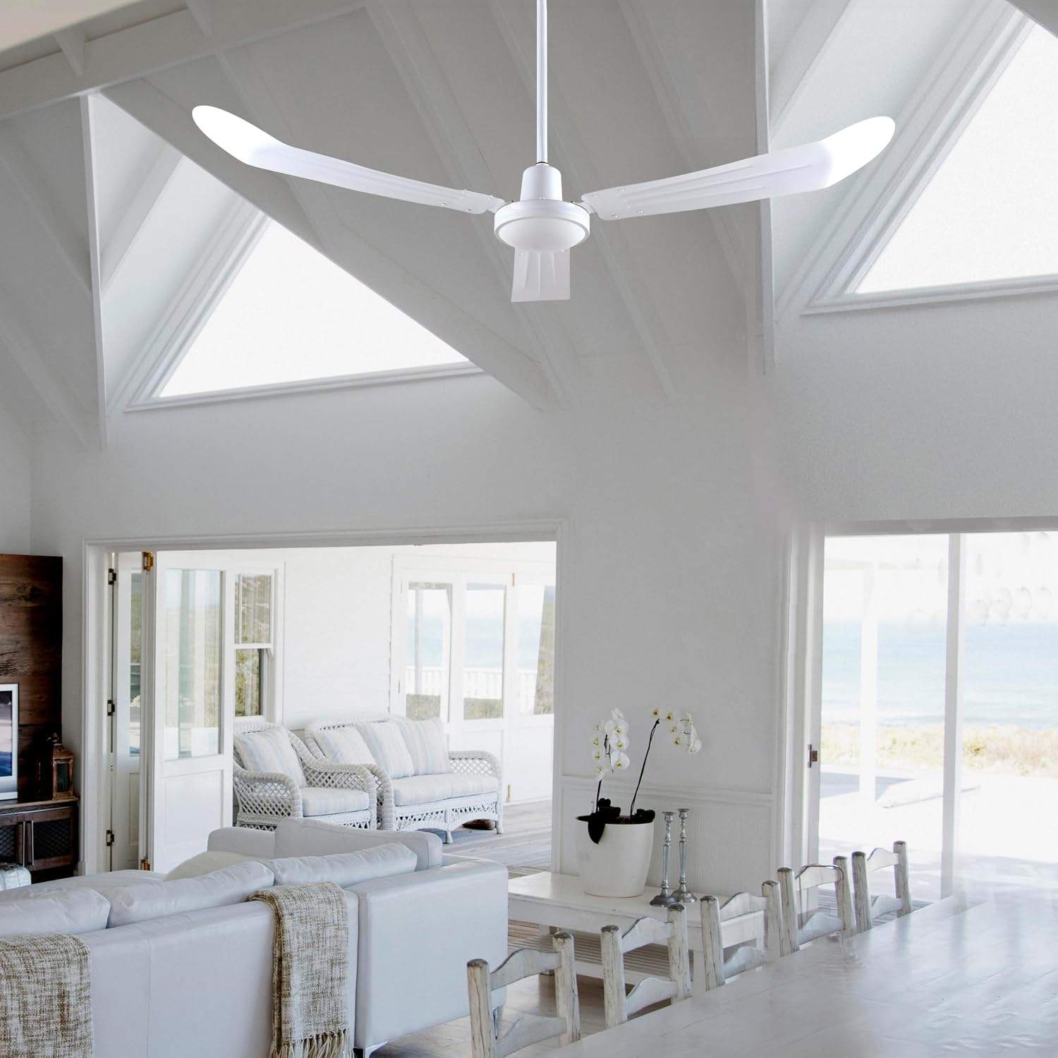 56' White Weatherproof Industrial Ceiling Fan – High-Performance DC Motor – Wall Control – Ideal for Outdoor Patios, Gyms & Warehouses