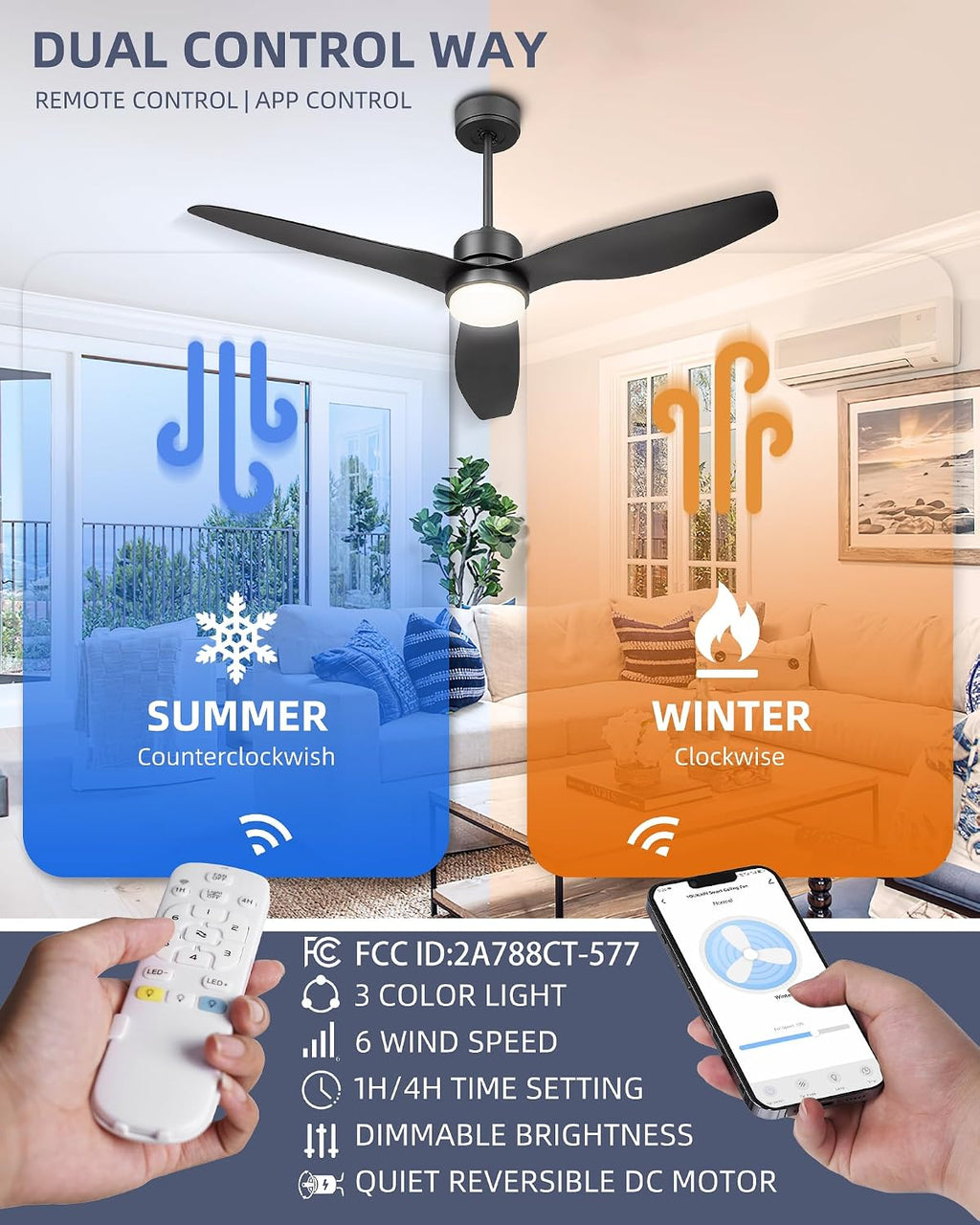 YOUKAIN Ceiling Fans with Lights, 52 Inch Smart Ceiling Fan Remote & APP Control, Reversible Blades, Matte Black, Indoor/Outdoor Modern Ceiling Fans for Living room, Bedroom, 52-YJ359-BK-SM