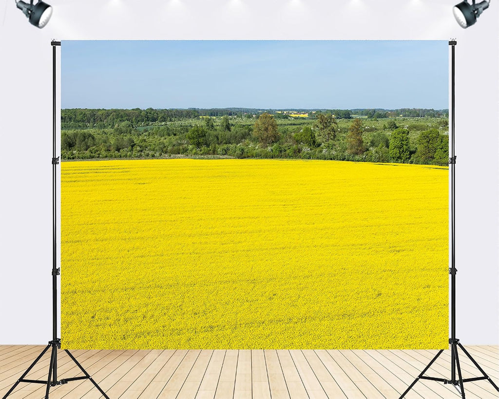 Trykid 20x10ft Golden Rapeseed Field Backdrop Expansive Blooms Lush Green Trees Clear Blue Sky Rural Serenity Photography Background Spring Tapestry Party Decoration Photo Studio Prop Fabric