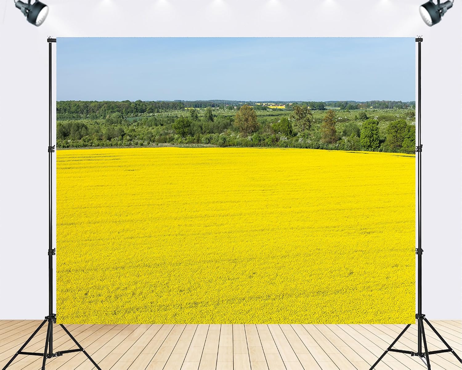 Trykid 20x10ft Golden Rapeseed Field Backdrop Expansive Blooms Lush Green Trees Clear Blue Sky Rural Serenity Photography Background Spring Tapestry Party Decoration Photo Studio Prop Fabric