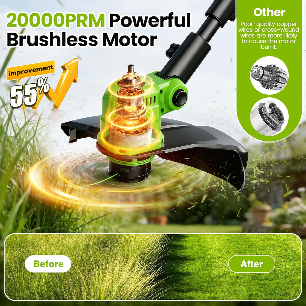 14' Electric String Trimmer Cordless Battery Powered Weed Eater with Wheel, 3-in-1 Cordless Grass Trimmer/Electric Weed Wacker/Edger, Weed Trimmer with 8 Replacement Spools for Garden, Lawn (Green)