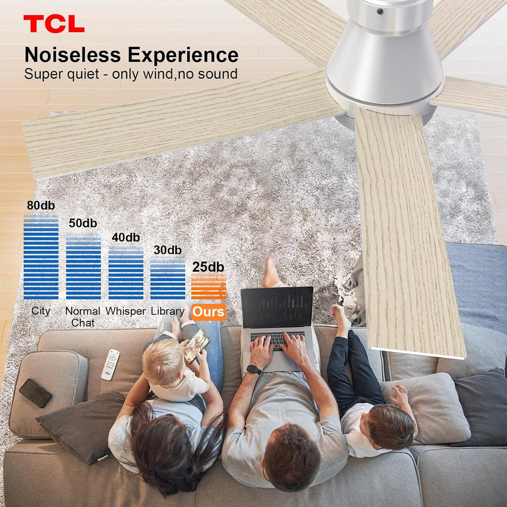 TCL 52' Ceiling Fan with Lights, Silver Flush Mount, 5 Blade Low Profile, 6 Speeds DC Reversible, Dimmable, Modern for Bedroom, Living Room and Garage