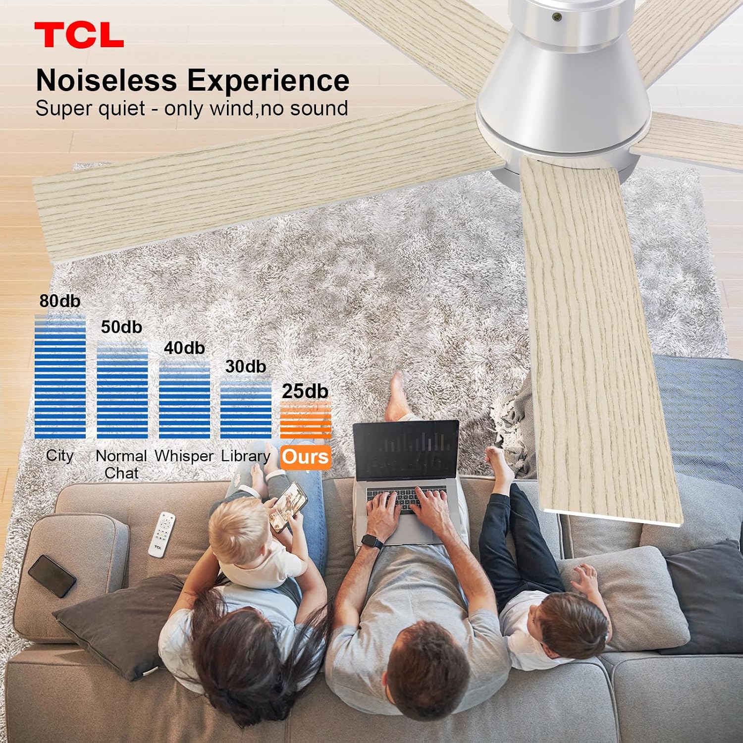 TCL 52' Ceiling Fan with Lights, Silver Flush Mount, 5 Blade Low Profile, 6 Speeds DC Reversible, Dimmable, Modern for Bedroom, Living Room and Garage