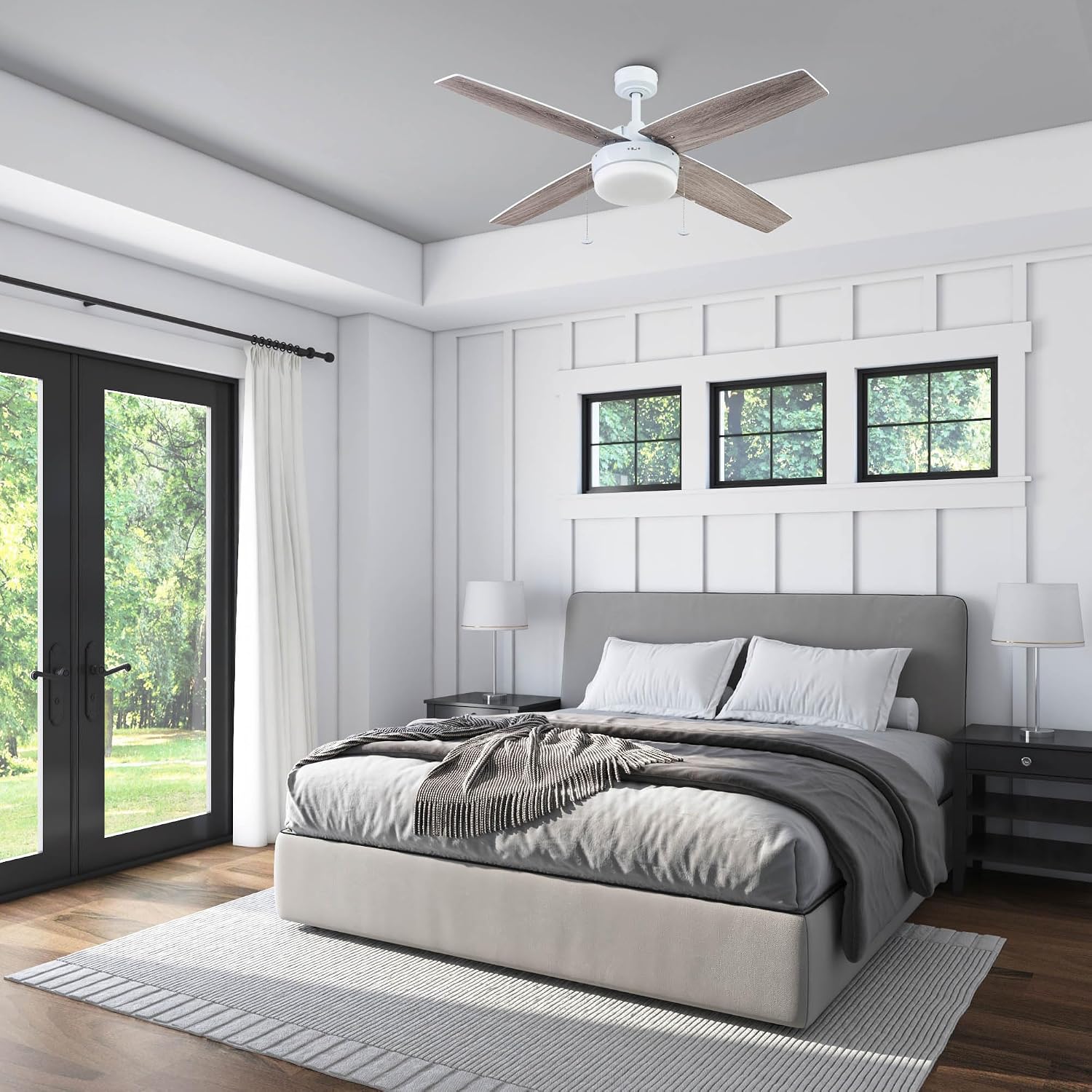 Prominence Home Memphis, 52 Inch Contemporary Indoor LED Ceiling Fan with Light, Pull Chain, Dual Mounting Options, 4 Dual Finish Blades, Reversible Motor - 51651-01 (Bright White)