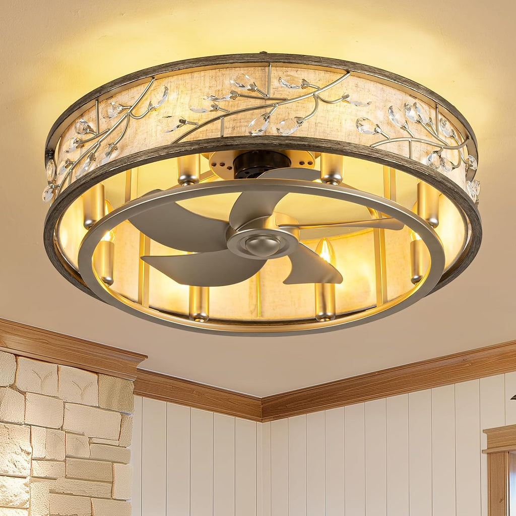 WWM Flush Mount Caged Ceiling Fan with Light and Remote, 24' Crystal Low Profile Ceiling Fans with Reversible Motor, Modern Small Bladeless Fan for Bedroom Kitchen Living Room (8 E12 Bulb Include)