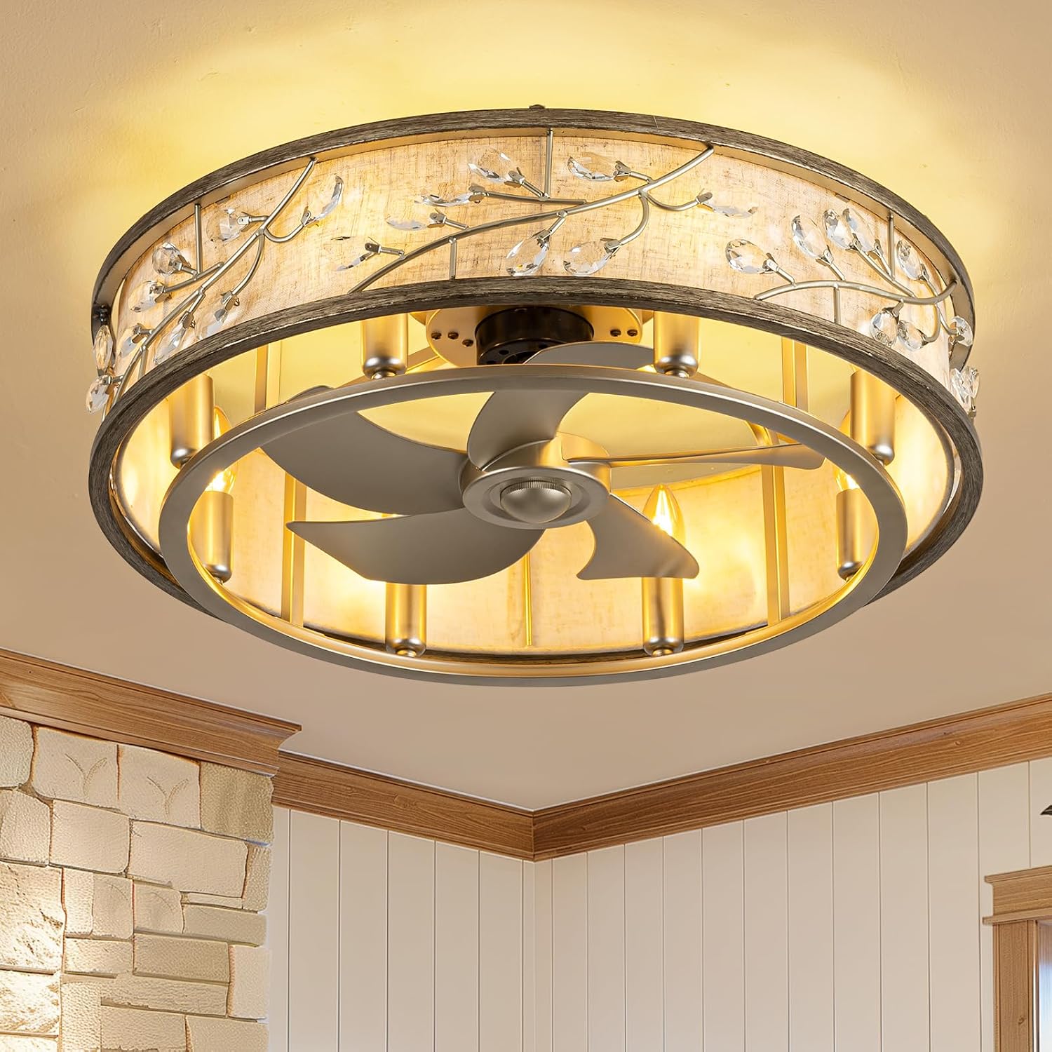 WWM Flush Mount Caged Ceiling Fan with Light and Remote, 24' Crystal Low Profile Ceiling Fans with Reversible Motor, Modern Small Bladeless Fan for Bedroom Kitchen Living Room (8 E12 Bulb Include)