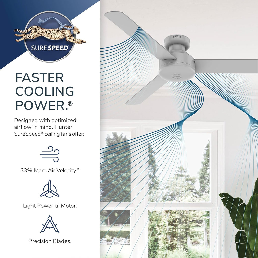 Hunter - Presto Indoor Low Profile Ceiling Fan, Wall Control, 52-inch, Dove Grey, Casual-style, Bedroom Ceiling Fans, 52406, for living rooms, home offices, kitchens