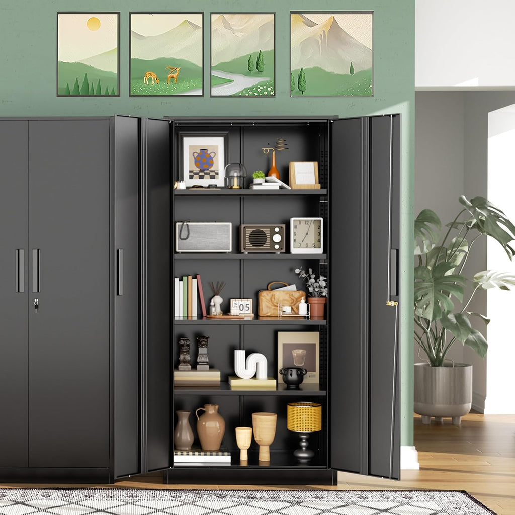 Greenvelly 72' H Metal Garage Storage Cabinet with 2 Doors and 4 Adjustable Shelves, Black Metal Cabinet with Lock, Steel Tool Cabinet for Office, Home, Garage, Gym, School（New Recessed Handle）