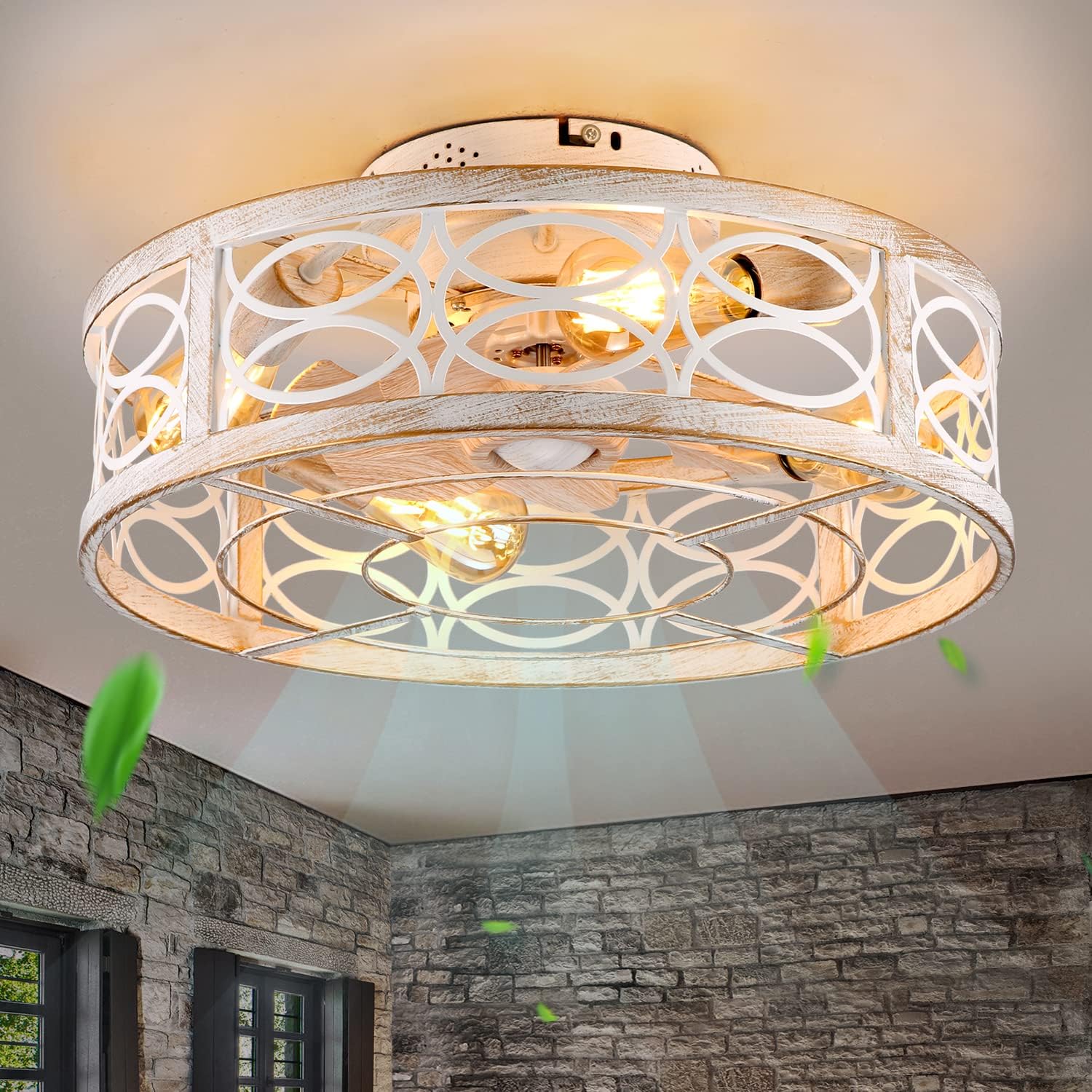 20' Caged Ceiling Fan With Light And Remote，bladeless Ceiling Fan 6 Speed Reversible With 4 Bulbs and Remote Control. With Lights for Bedroom, Dining Room