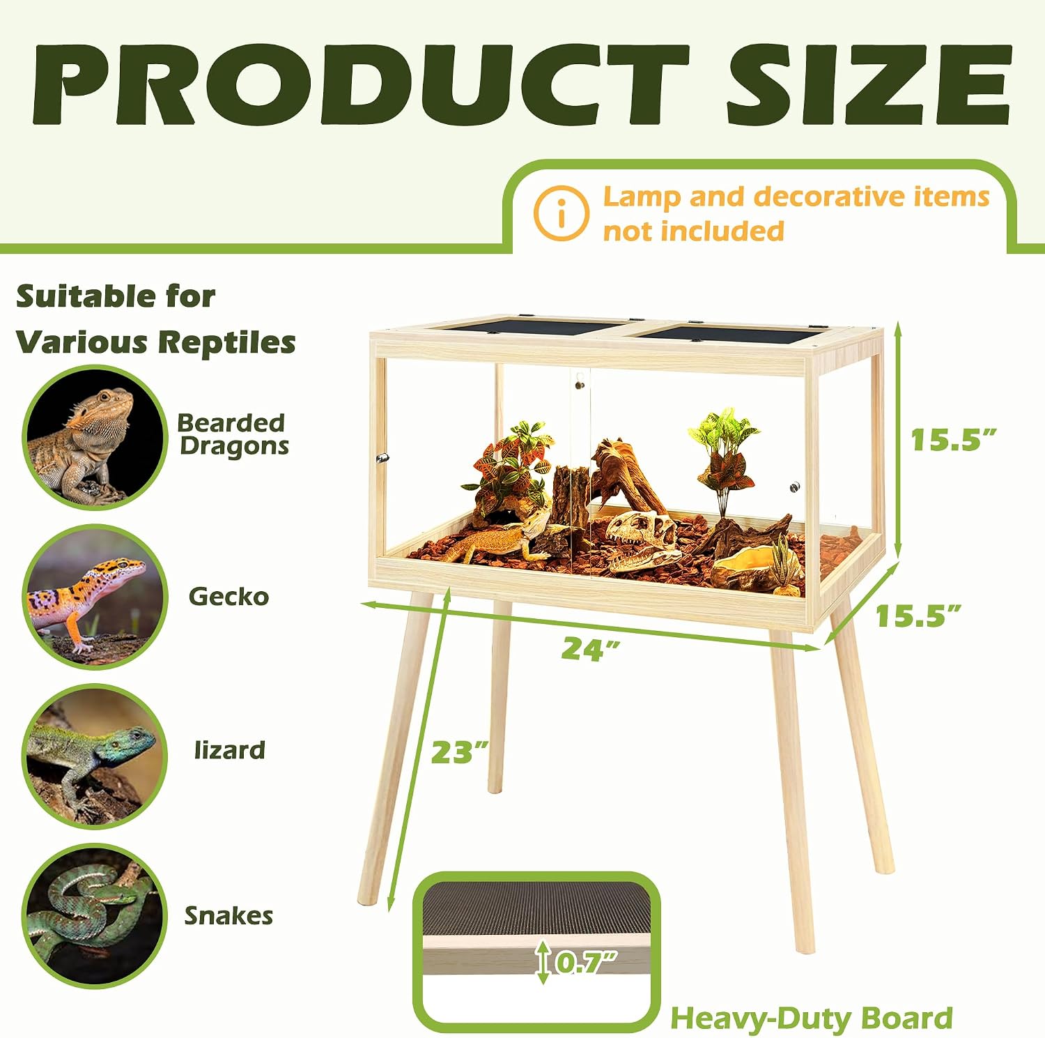 PROLEE Bearded Dragon Tank with Legs, 30 Gallon Tempered Glass Lizard Tank, Reptile Enclosure with Metal Mesh and Lockable Door, Reptile Tank for Snakes,Chameleon (Oak, 24x15.5x15.5 Inch)