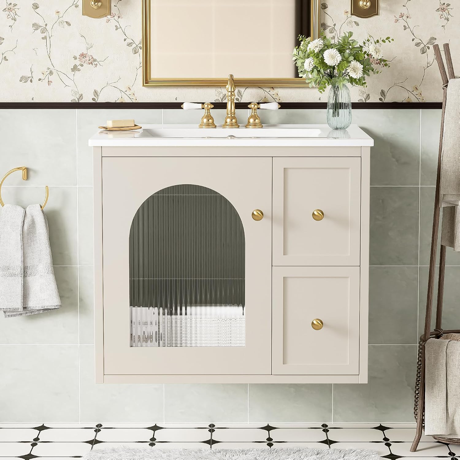 24 Inch Modern Wall Mounted Floating Bathroom Vanity Set with Ceramic Sink, 2 Drawers and 1 Soft-Close Door Bathroom Sink Cabinet for Guest Baths Master Suites (Beige)