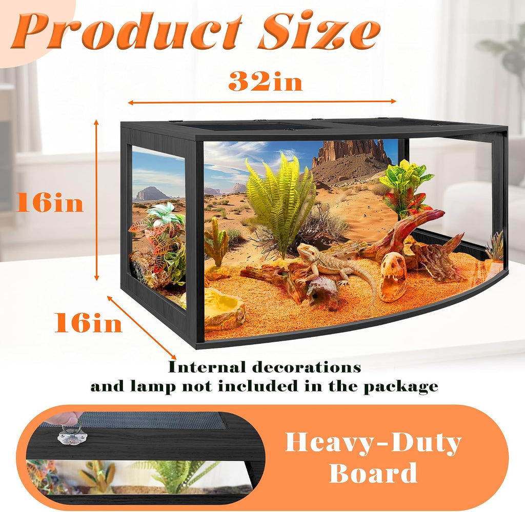 PROLEE Bearded Dragon Tank, Curved Reptile Enclosure with 3-Side Clear Acrylic Panels, Spacious Lizard Tank with Metal Mesh Top and Lockable Door for Reptile Habitat (Black, 32' Length,34 Gallons)