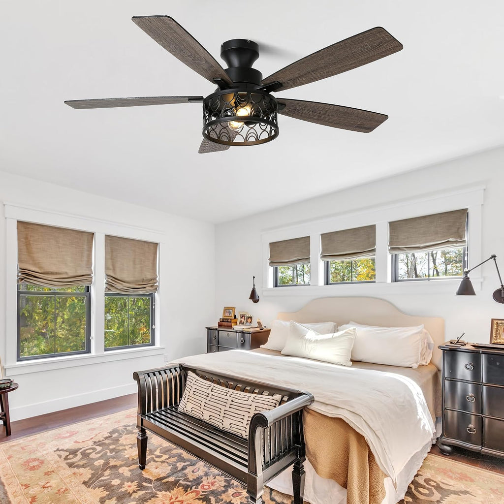 52'' Ceiling Fan with Lights, Flush Mount Farmhouse Ceiling Fan with Remote Control, 6 Speeds Reversible DC Motor, Low Profile Industrial Caged Ceiling Fan for Bedroom Living Room