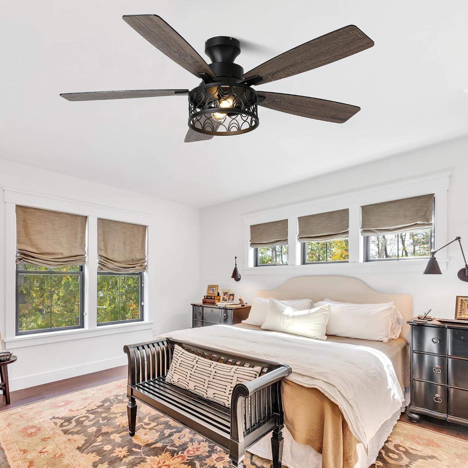 52'' Ceiling Fan with Lights, Flush Mount Farmhouse Ceiling Fan with Remote Control, 6 Speeds Reversible DC Motor, Low Profile Industrial Caged Ceiling Fan for Bedroom Living Room