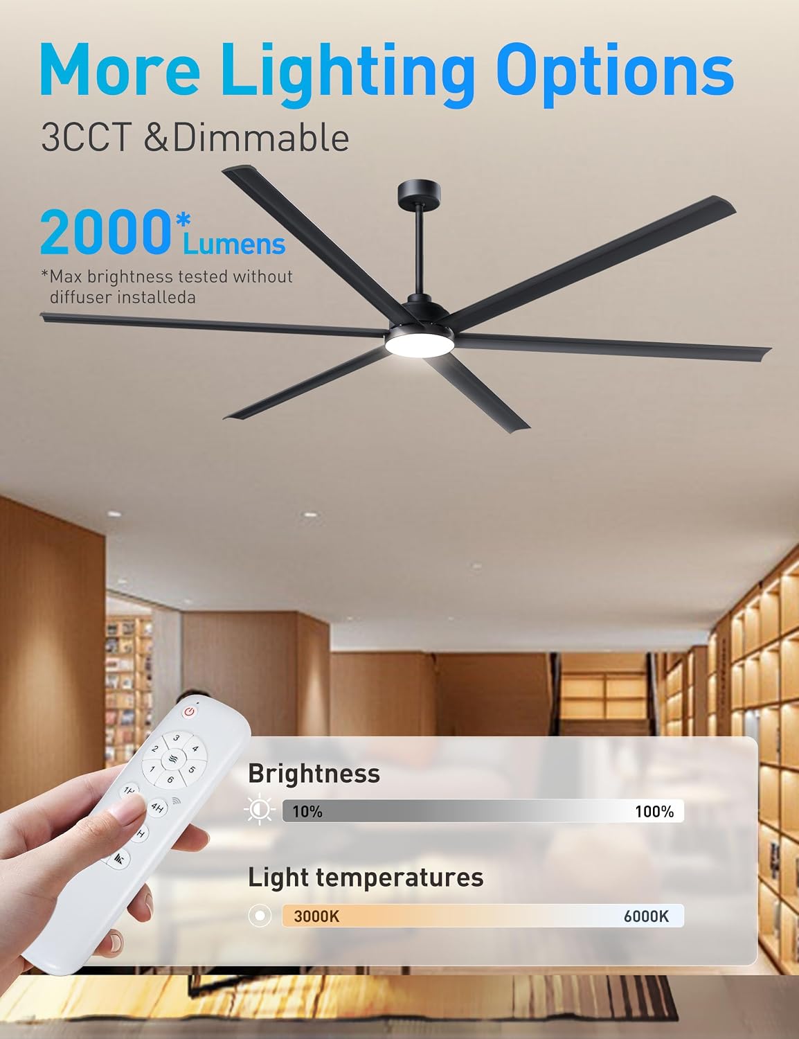 Minislak 100 Inch Large Industrial HVLS Ceiling Fan with 6 Black Double-Layer Aluminum Blades,High CFM Ceiling Fan with Light and Remote,12/24/36in Downrod,Quiet DC Motor Outdooor Fan for Patio