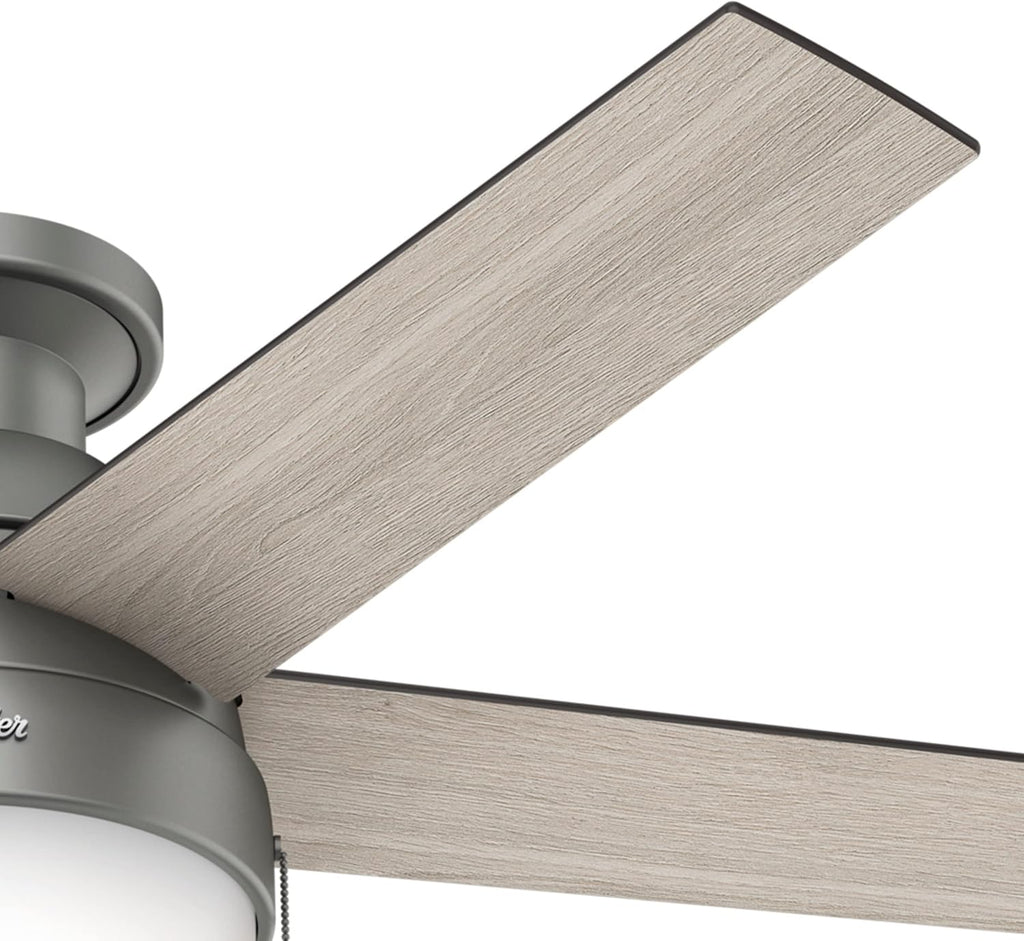 Hunter 46 inch Indoor Ceiling Fan with LED Light - Ceiling Fan with Pull Chain, For Bedroom, Living Room, or Kitchen, Low Profile Mount, No Remote, 5 Blades - Anslee 59270, Matte Silver