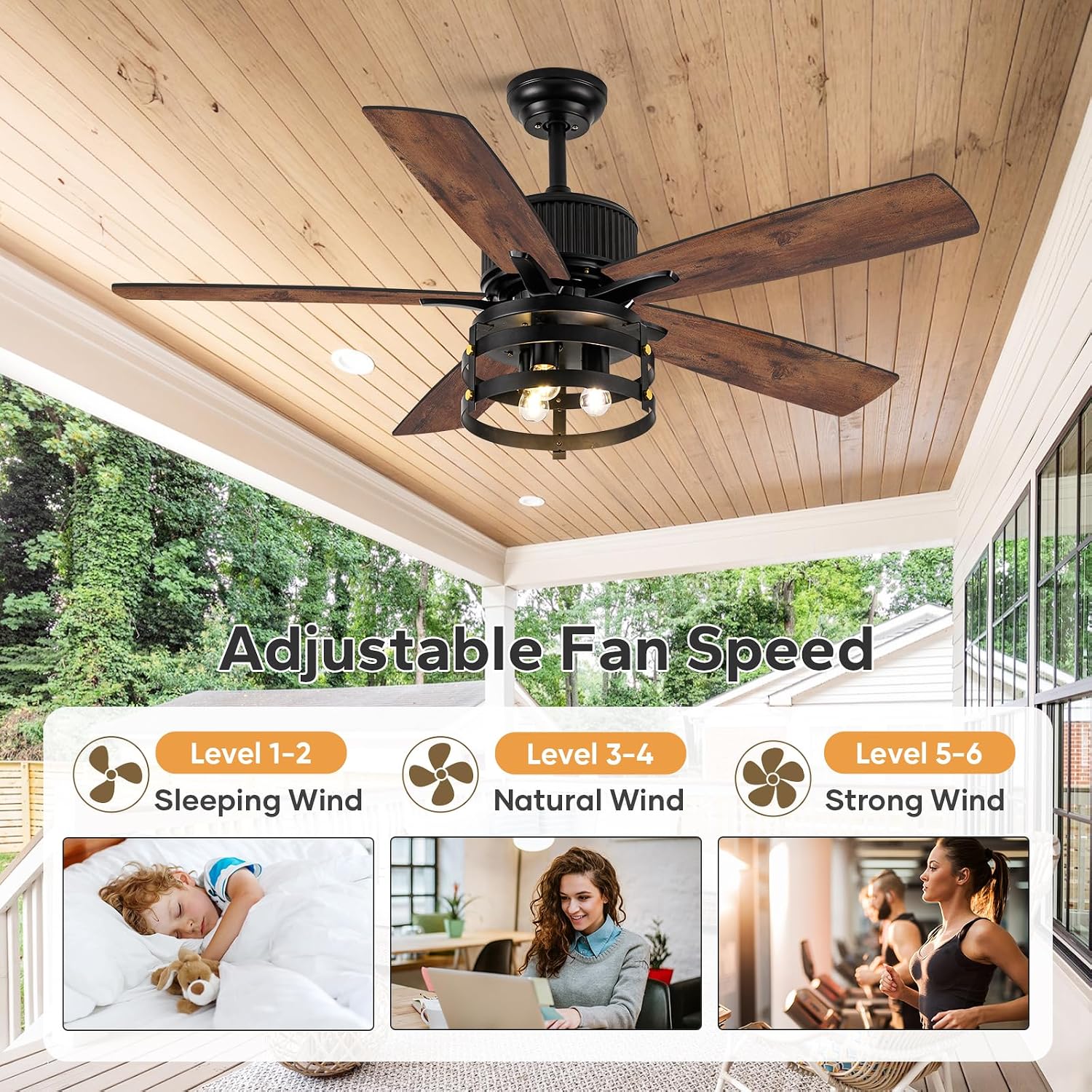 Farmhouse 52 inch Ceiling Fans with Lights and Remote, 2 Sets of Fan Blades, 4 Colors, Outdoor Ceiling Fan for Patio with Light, Wood Ceiling Fans with Timer Reversible DC Motor for Porch
