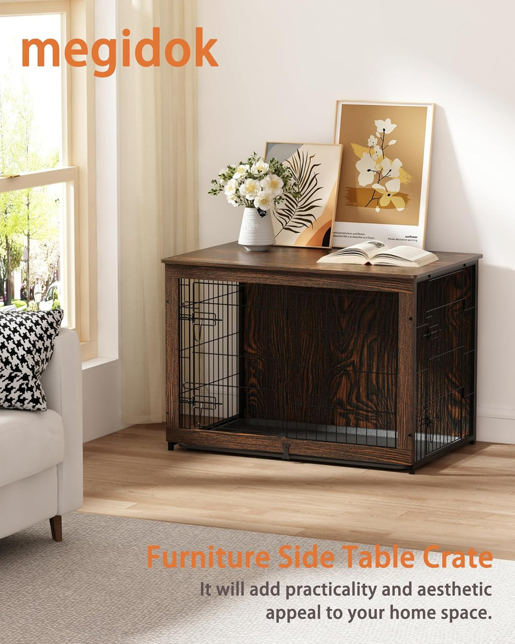 Megidok Wooden Dog Crate Furniture with Cushion, Dog Crate End Table with Tray, Double Doors Dog Crate Furniture Style, Decorative Dog Kennels Indoor (37' L*25' W*26' H, Rustic Style)
