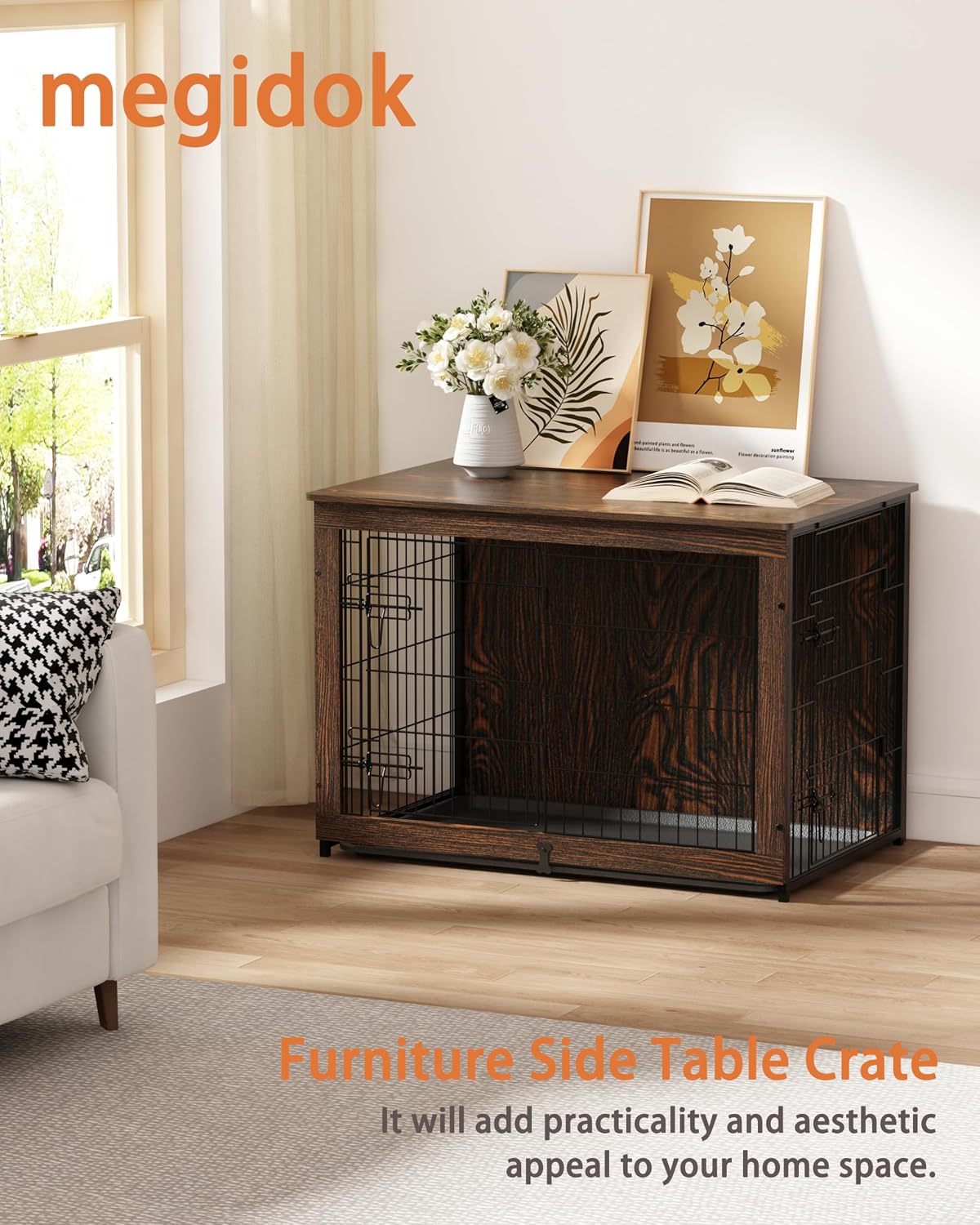 Megidok Wooden Dog Crate Furniture with Cushion, Dog Crate End Table with Tray, Double Doors Dog Crate Furniture Style, Decorative Dog Kennels Indoor (37' L*25' W*26' H, Rustic Style)
