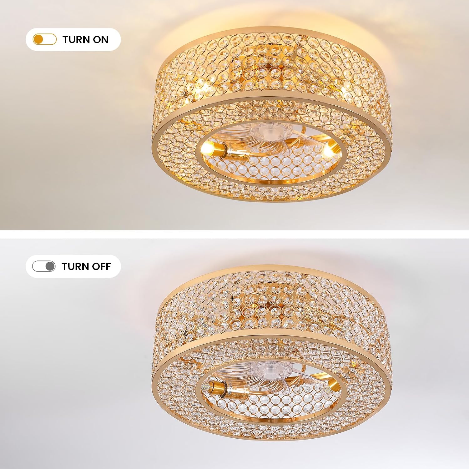 20' Caged Crystal Ceiling Fan with Lights Flush Mount Gold Fandelier Low Profile Chandelier Fan Enclosed Ceiling Fan Light Fixtures with Reversible Motor for Bedroom Kitchen Living Room