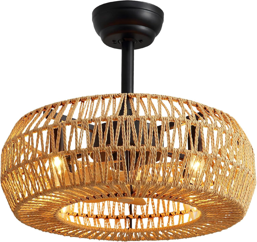 20' Boho Caged Ceiling Fan with Lights Remote Control, Rattan Cage Low Profile Bladeless Ceiling Fan, Farmhouse Ceiling Fans with Light for Kitchen, Bedroom, Dining Room