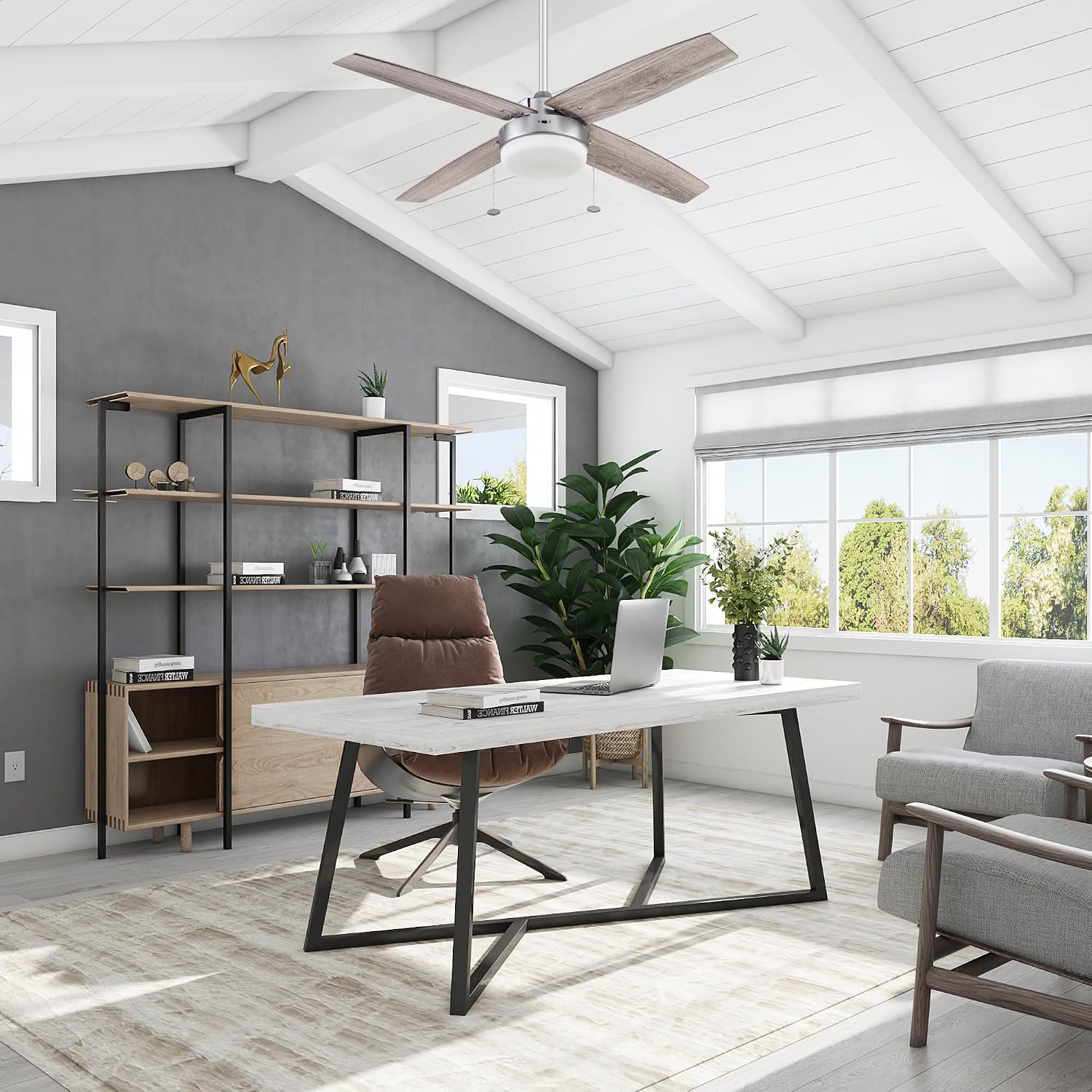 Prominence Home Memphis, 52 Inch Contemporary Indoor LED Ceiling Fan with Light, Pull Chain, Dual Mounting Options, 4 Dual Finish Blades, Reversible Motor - 51652-01 (Pewter)