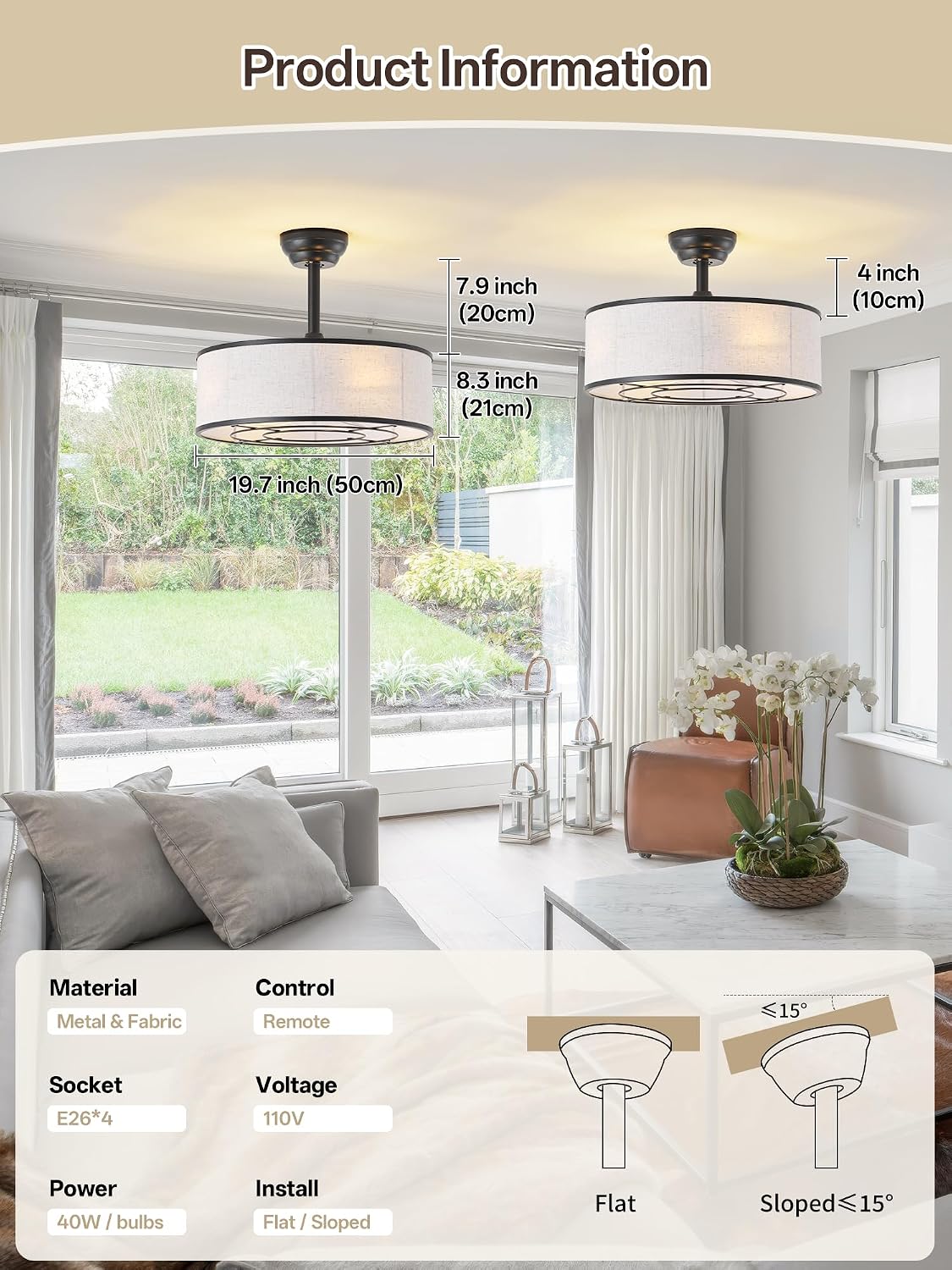 20' Black Caged Boho Fandelier Ceiling Fan with Light & Remote Control - Bladeless Chandelier Fan, 6 Speed Quiet Reversible Motor for Bedroom, Nursery, Living Room