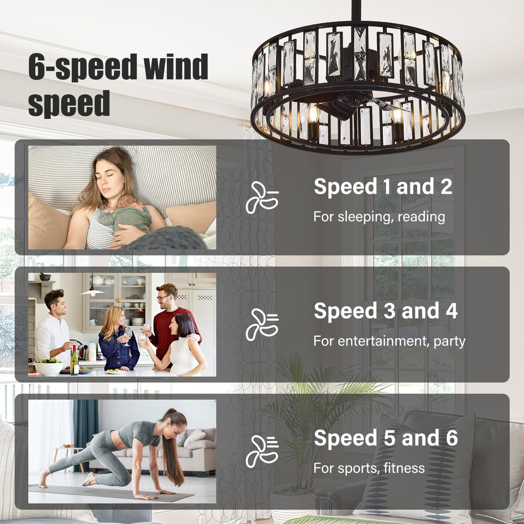 20' Small Caged Ceiling Fans with Lights and Remote, Industrial Enclosed Ceiling Fan Crystal Light with Reversible DC Motor, Bladeless Ceiling Fans for Bedroom Living Room (Black)