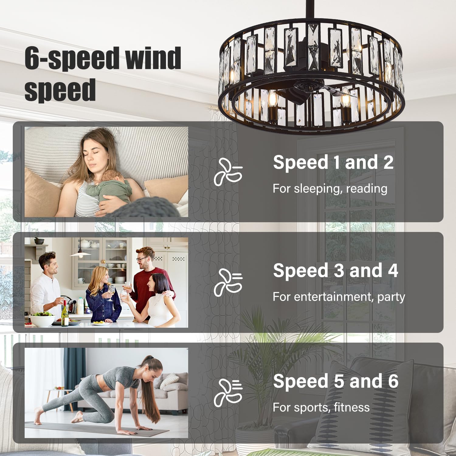 20' Small Caged Ceiling Fans with Lights and Remote, Industrial Enclosed Ceiling Fan Crystal Light with Reversible DC Motor, Bladeless Ceiling Fans for Bedroom Living Room (Black)
