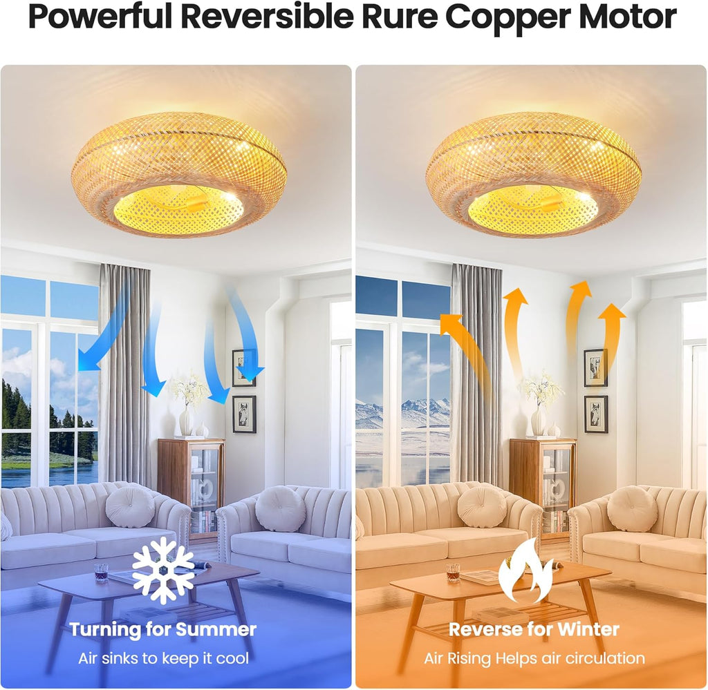 Boho Ceiling Fan with Lights: 20' Bamboo Low Profile Rattan Caged Farmhouse Ceiling Fans with Light Flush Mount Remote Control 6 Speeds for Bedroom Living Room Kitchen