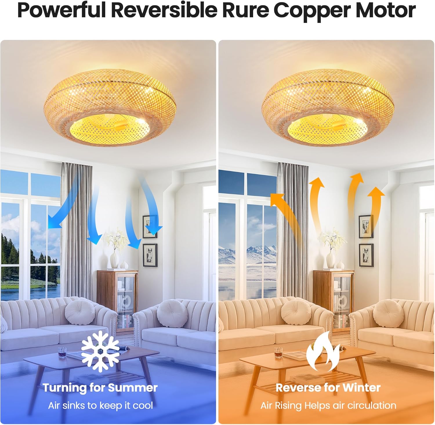 Boho Ceiling Fan with Lights: 20' Bamboo Low Profile Rattan Caged Farmhouse Ceiling Fans with Light Flush Mount Remote Control 6 Speeds for Bedroom Living Room Kitchen