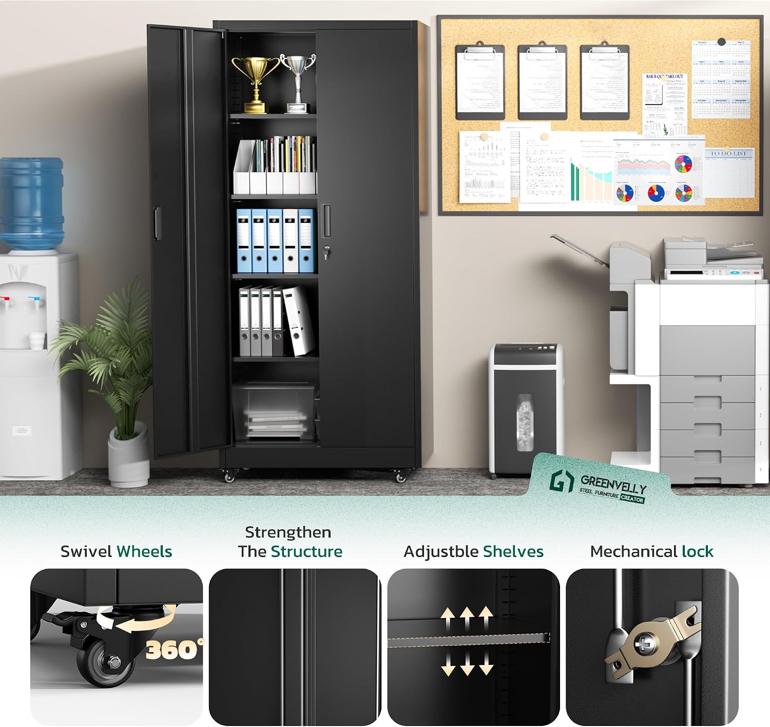 Greenvelly 73' Rolling Storage Cabinet,Black Metal Garage Cabinet with Locking Doors and 4 Adjustable Shelves for Home,Kitchen,Office,Warehouse(32' W x 16' D,Wheels)