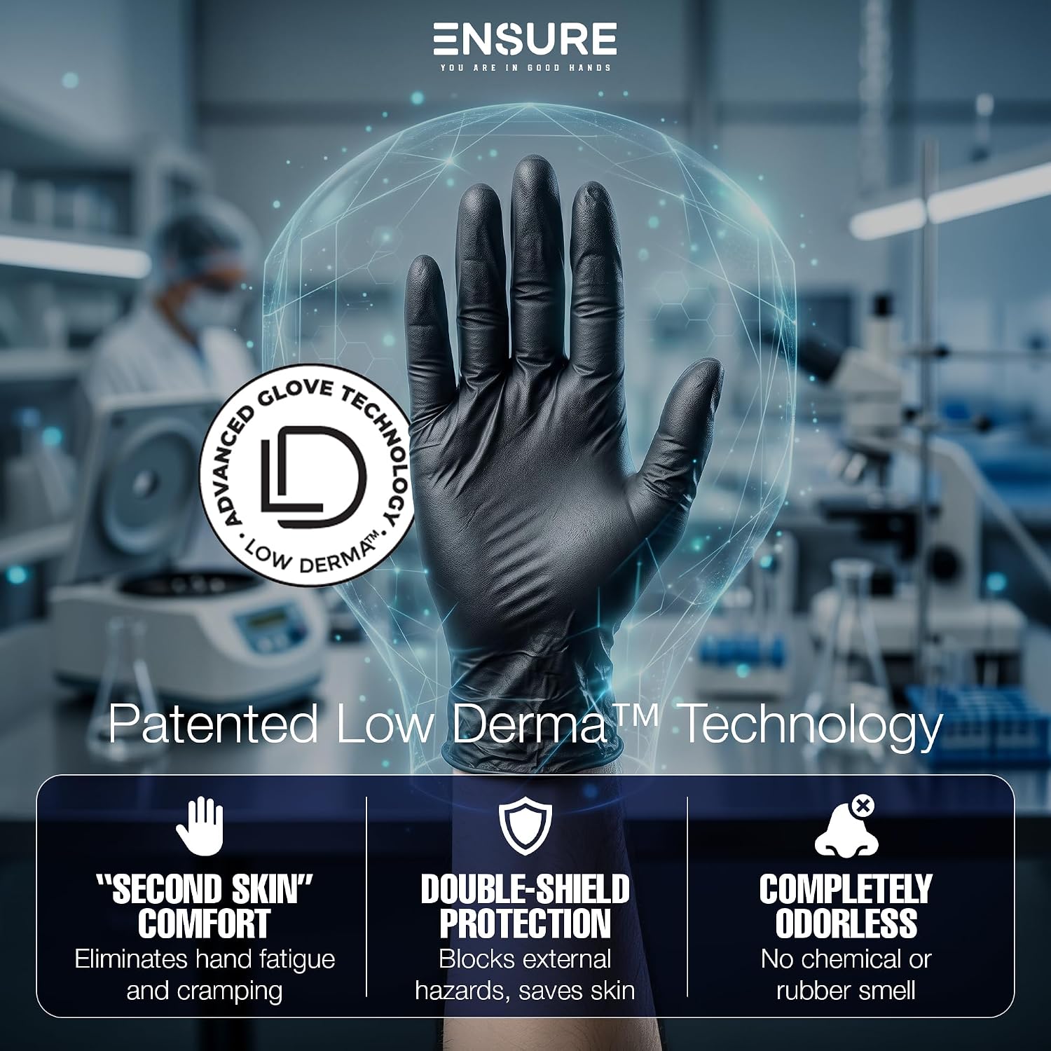 Ensure Black Nitrile Gloves – 5 Mil Heavy-Duty Disposable Gloves, Low Dermatitis, Powder & Latex Free, Chemo-Rated