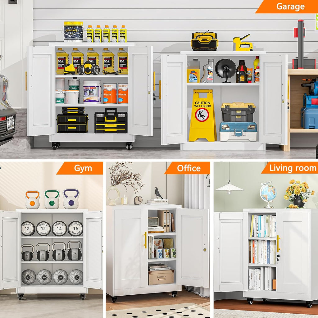36 Inch Rolling Locking Storage Cabinet, 13.8' D x 27.6' W x 35.4' H, Metal Cabinet with 2 Adjustable Shelves and Wheels, Heavy-Duty Mobile Garage Storage Cabinet for Home, Office, Basement, White