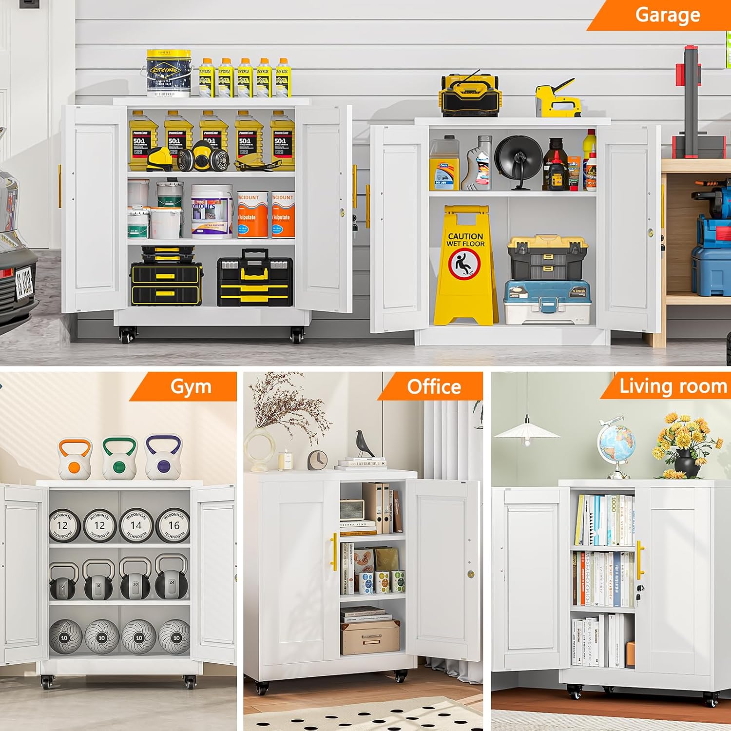 36 Inch Rolling Locking Storage Cabinet, 13.8' D x 27.6' W x 35.4' H, Metal Cabinet with 2 Adjustable Shelves and Wheels, Heavy-Duty Mobile Garage Storage Cabinet for Home, Office, Basement, White