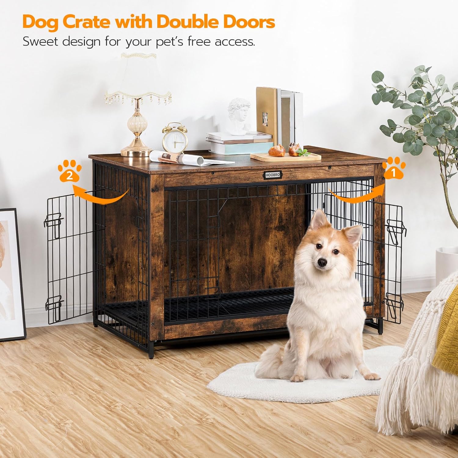 HOOBRO Dog Crate Furniture, 38.6' Large Dog Kennel Indoor, Wooden Cage with Pull-Out Tray, Double Doors Pet House Side End Table for Large/Medium/Small Dogs, Rustic Brown BF982GW03G1