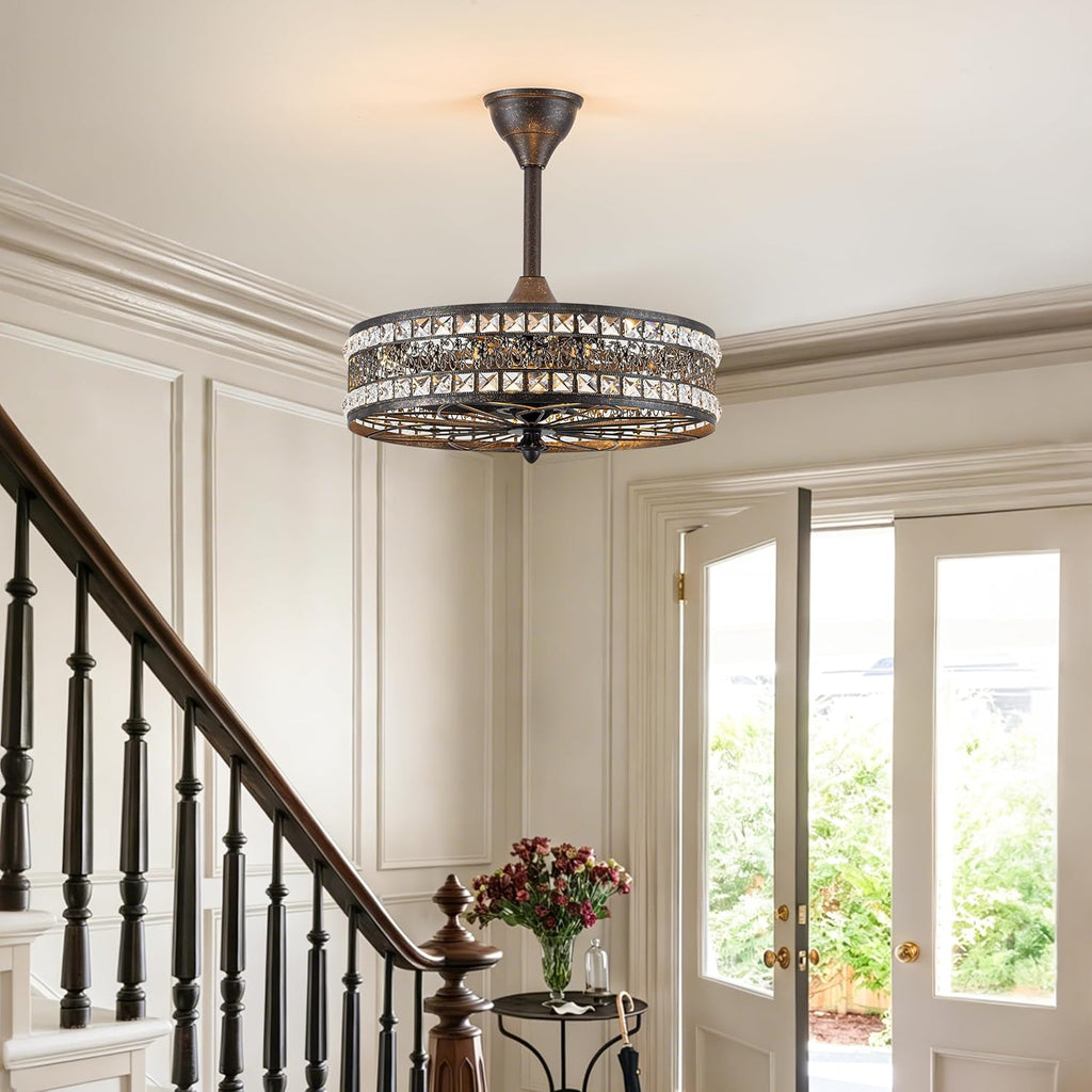 Chandelier Ceiling Fan with Light, Vintage Crystal Victorian Art Deco Elegant Fandelier, Caged Bladeless Enclosed Drum Pendant Light Fixture for Dining Room, Bedroom, Kitchen Island, Entryway