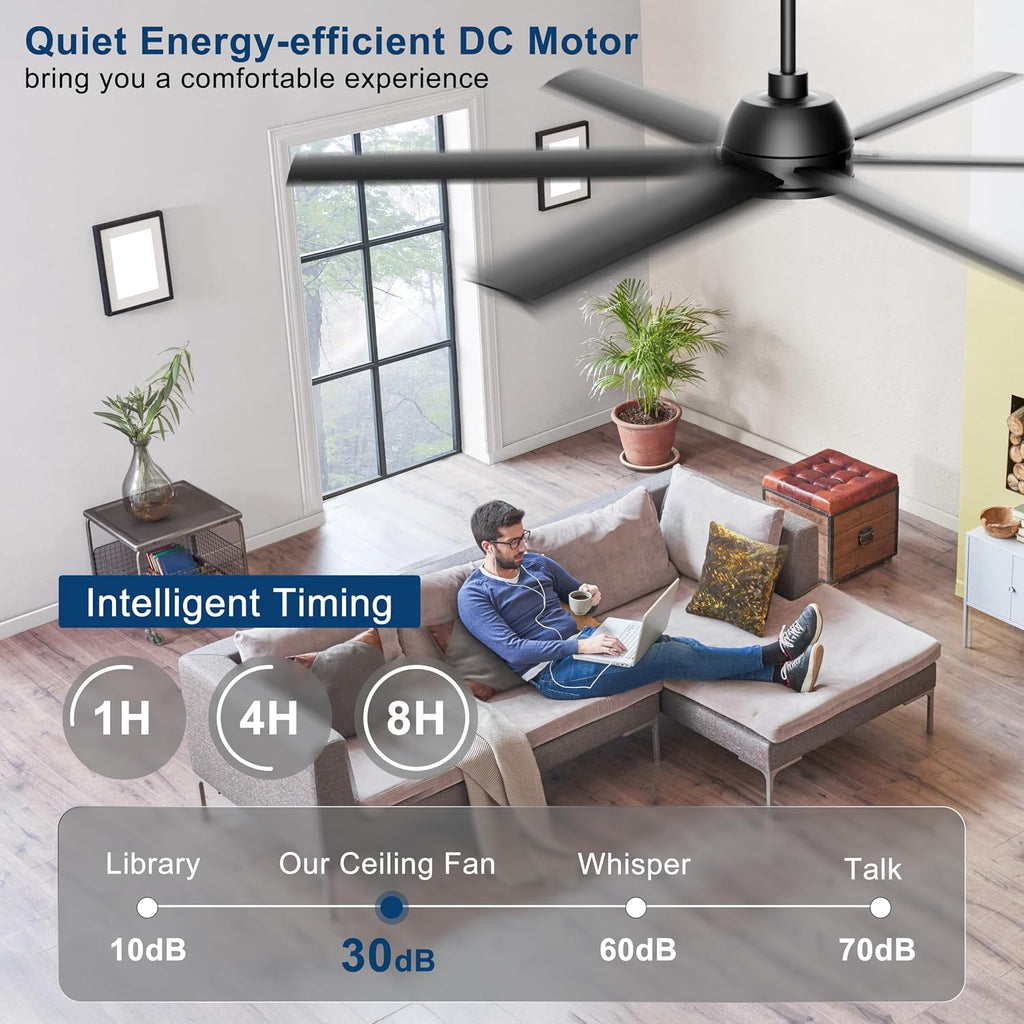 65 Inch Ceiling Fan with Lights - Black Ceiling Fan with Remote & APP Control, 3CCT, Dimmable, Quiet Reversible DC Motor, Indoor Outdoor Ceiling Fans for Patio Living Room Garage Shop