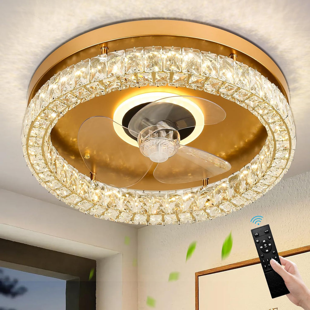 FRIXCHUR Modern Ceiling Fans with Lights and Remote, Dimmable Low Profile Ceiling Fan,Flush Mount Ceiling Fan Stepless Color Temperature Change and 6 Speeds for Bedroom Living Room (Gold)