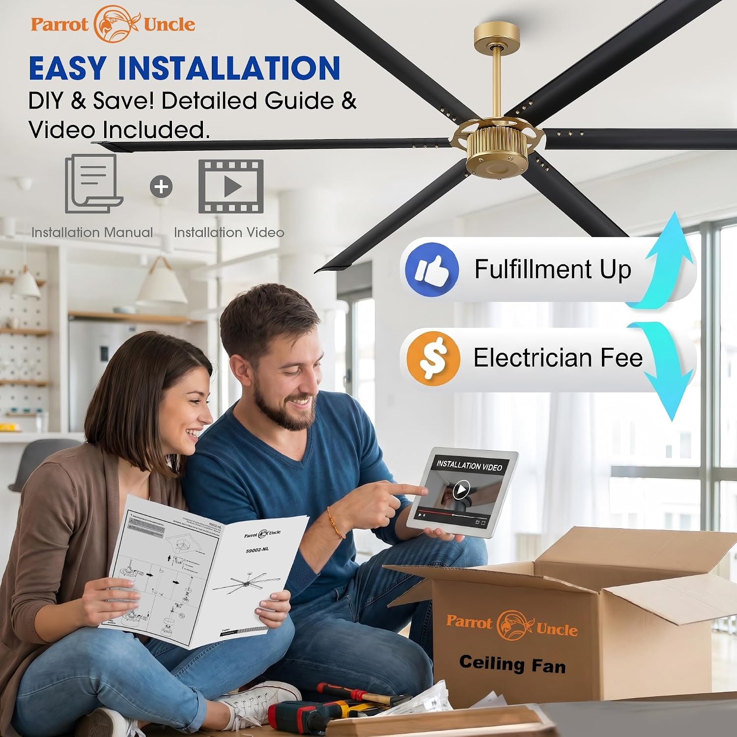 96 Inch Ceiling Fans without Light, Industrial Large Commercial Fan for Shop Gym Garage, Remote Control, Reversible DC Motor, 6 Black Aluminum Blades, Big Outdoor Ceiling Fans for Patios, Vintage Gold