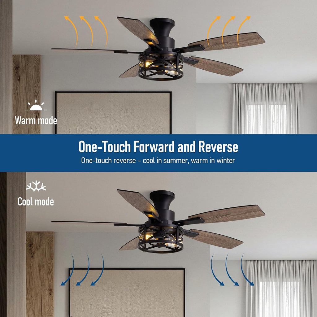 50 Inch Flush Mount Black Caged Ceiling Fan with Lights, Low Profile Farmhouse Ceiling Fan for Bedroom Living Room and Patio, Ceiling Fans and Remote Control for Indoor and Outdoor