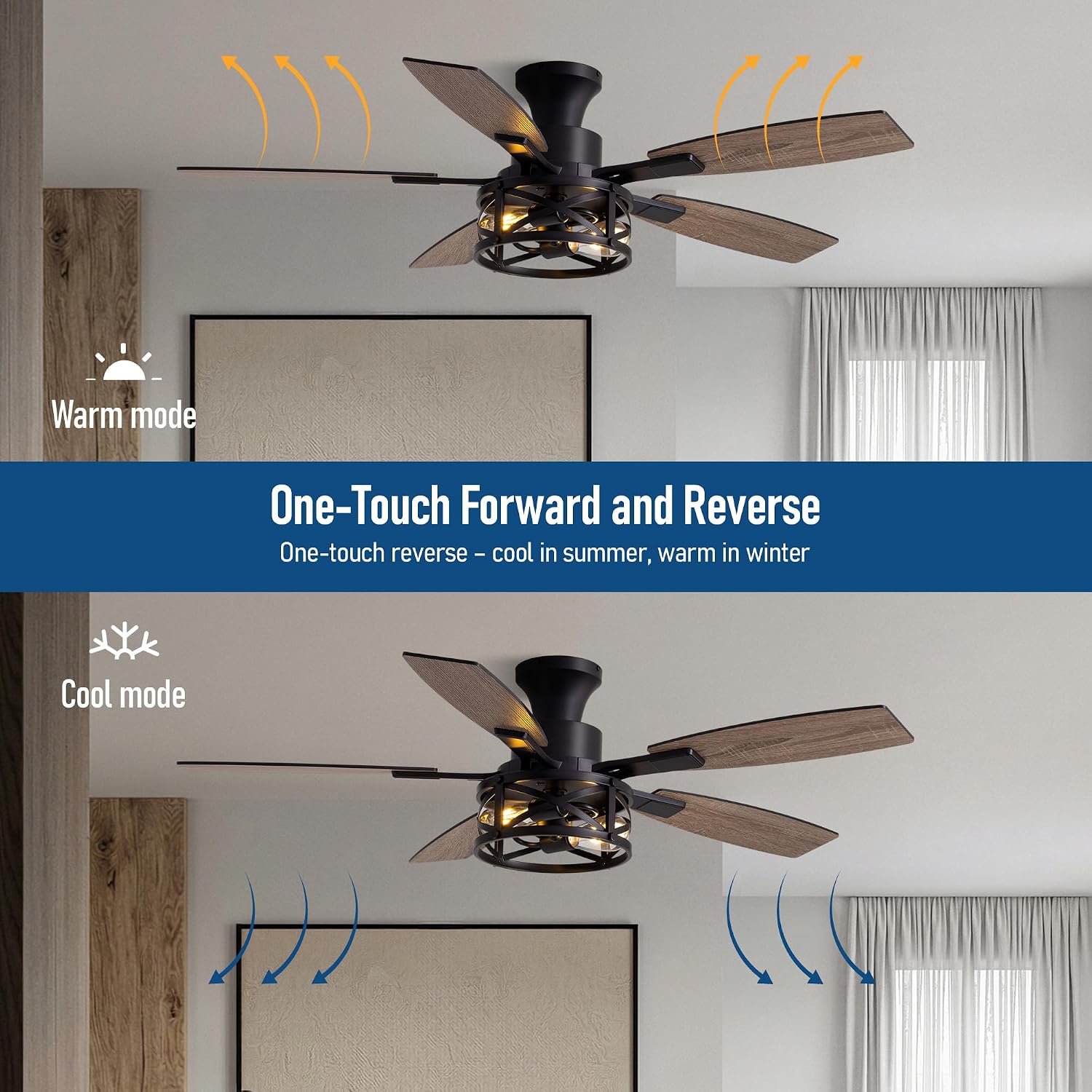 50 Inch Flush Mount Black Caged Ceiling Fan with Lights, Low Profile Farmhouse Ceiling Fan for Bedroom Living Room and Patio, Ceiling Fans and Remote Control for Indoor and Outdoor