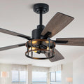 52' Farmhouse Ceiling Fans with Lights, Caged Ceiling Fan with Light and Remote,Reversible Motor,5 Double Finish Wood Blades,Black Rustic Industrial Ceiling Fan for Living Room/Dining Room