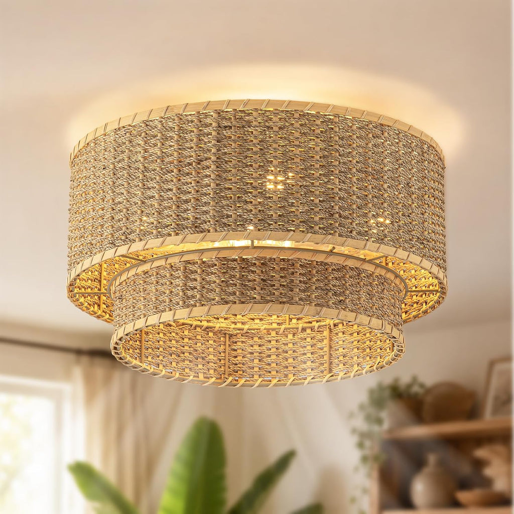 Boho Rattan Ceiling Fan with Light, Flush Mount Woven Fandelier with Remote,2-Tier Layered Caged Ceiling Fan Light Fixture, 6-Speed Reversible Low Profile Fan for Bedroom Kitchen Dining Room