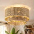 Boho Rattan Ceiling Fan with Light, Flush Mount Woven Fandelier with Remote,2-Tier Layered Caged Ceiling Fan Light Fixture, 6-Speed Reversible Low Profile Fan for Bedroom Kitchen Dining Room