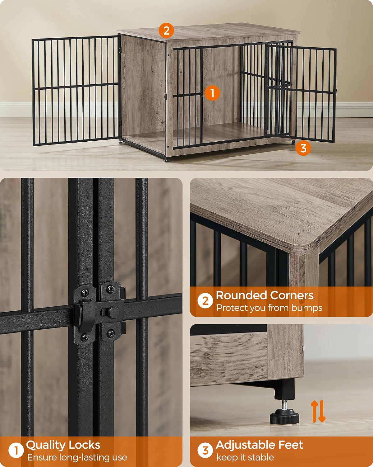 Feandrea 43.3' Dog Crate Furniture, Heavy-Duty Dog Cage Side End Table, XL Pet Wood Kennel for Large and Medium Dogs up to 80 lb with Enclosed Base, Double-Door Pet House, Greige