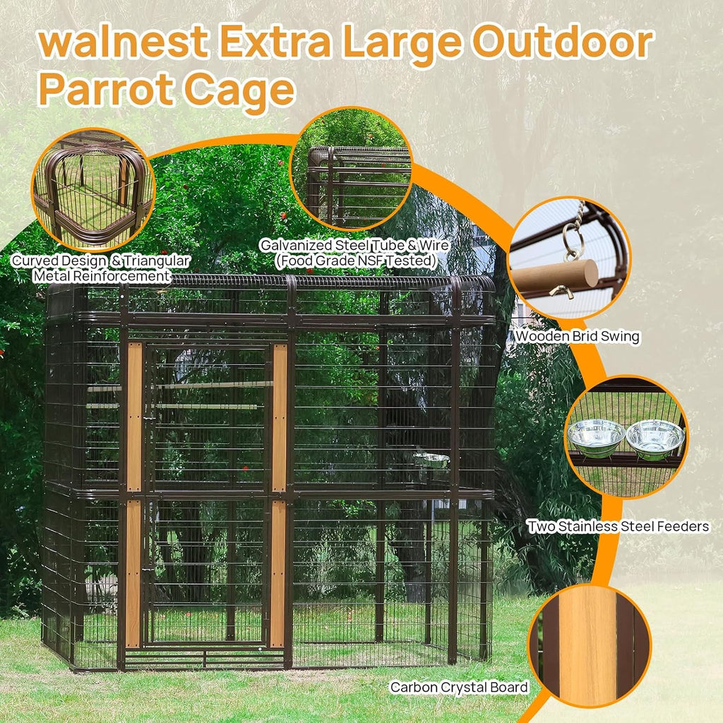 87-inch Outdoor Large Walk-in Cage Heavy Duty Bird Cage Carbon Crystal Board Aviary Parrot Cage Wide Flight Metal Birdcage for Macaw Budgie Conure Lovebird Parakeet Cockatiel, 7.22x5.25x6.8ft, Brown