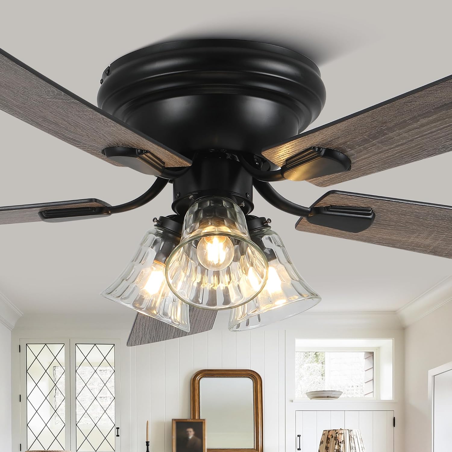 52'' Flush Mount Ceiling Fans with Lights and Remote Control,Reversible DC Motor,5 Reversible Blade,6 Speeds,Rustic Farmhouse Ceiling Fan for Living Room,Dining Room,Bedroom