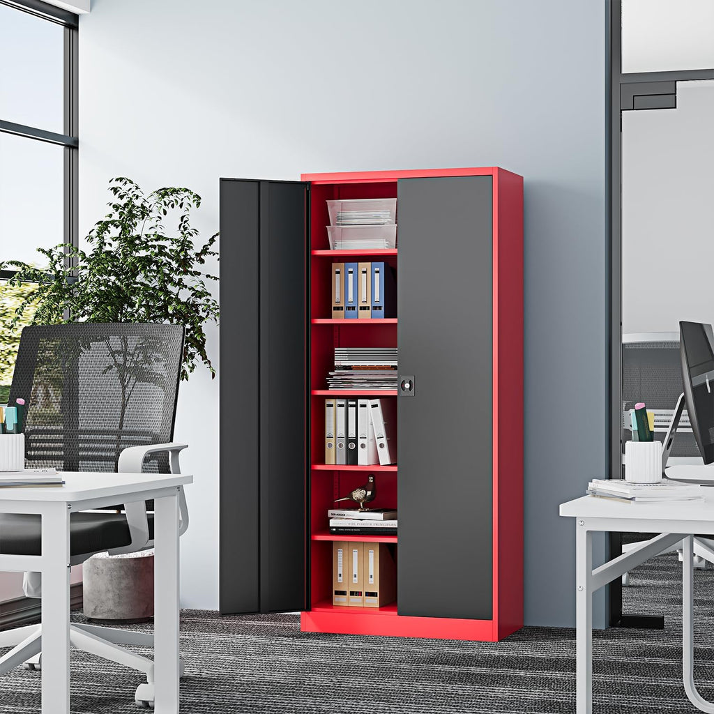 Fesbos Metal Storage Cabinet-71' Tall Steel File Cabinets with Lockable Doors and Adjustable Shelves-Black&Red Steel Storage Cabinet for Home,Kitchen, School, Office, Garage