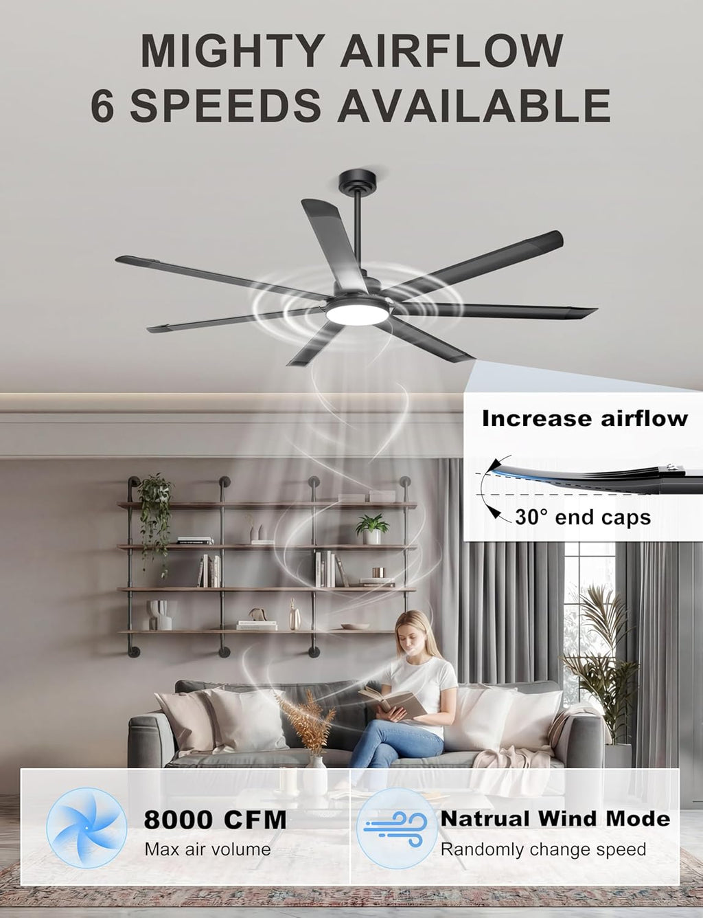 Ohniyou 72'' Large Ceiling Fan with Lights, High CFM Industrial Ceiling Fan with Remote/APP, 7 Aluminum Blades, Dimmable, for Outdoor Patio, Shop, Garage, Black